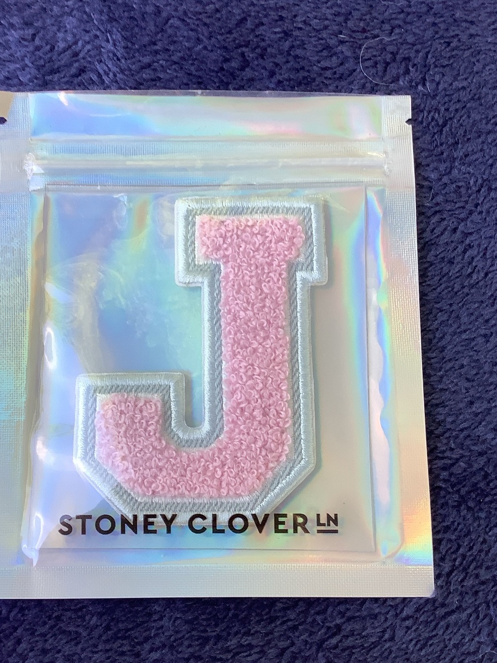 Stoney Clover Lane Pink Letter J Chenille Patch with Light Blue Trim